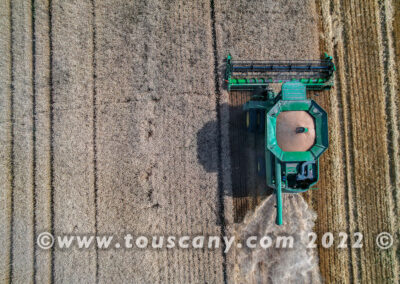 John Deere Combine with header cutting winter wheat photo
